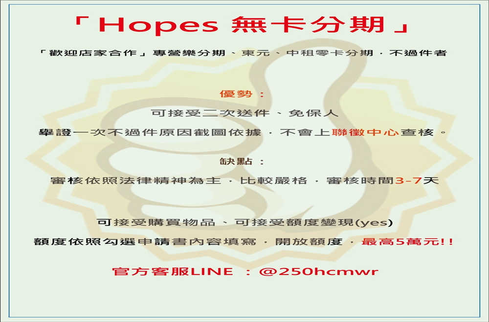 「Hopes 無卡分期」私人放款 月息7.5%